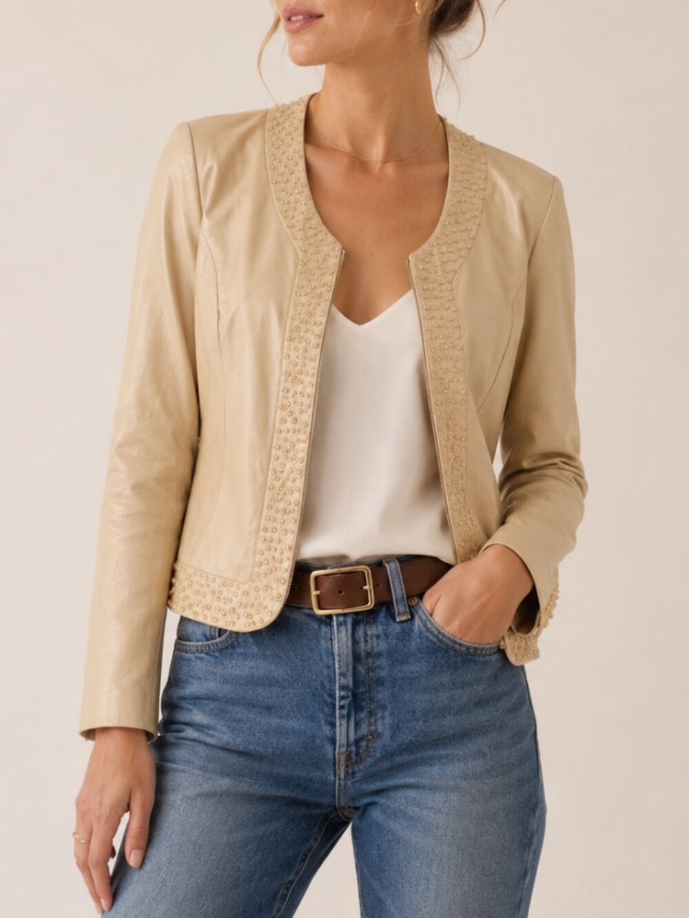 MetroStyle‎ Beaded Leather Jacket Size 6 Tan Cream Zip Front Y2K